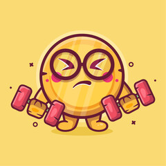 funny money coin character mascot doing bodybuilding using dumbbell isolated cartoon in flat style design