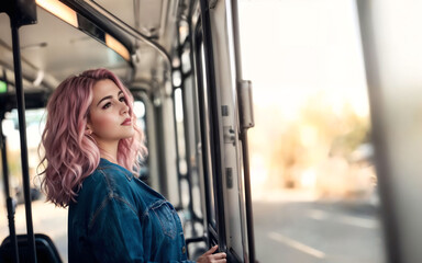 Fototapeta na wymiar beautiful woman standing inside public bus transport, generative AI
