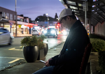 Man waiting for bus while checking his smartphone. Car light starburst on the road. Auckland.