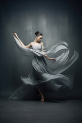 Fototapeta premium Ballerina Dancing with Silk Fabric, Modern Ballet Dancer in Fluttering Waving Cloth, Pointe Shoes, Gray Background