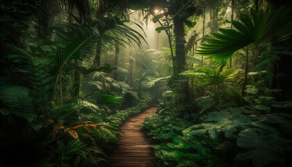 Tranquil scene: Wet footpath winds through forest generated by AI