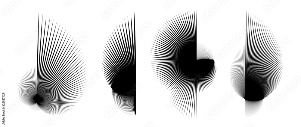 Poster Abstract curved spiky elements set. Radial spiral spokes objects collection. Thin thorn semicircle shapes and angular sunburst bundle for posters, collages, decoration. Vector futuristic pack 