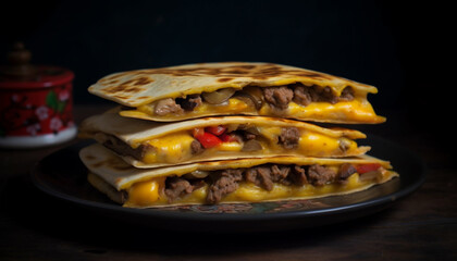 Grilled beef taco on homemade flatbread plate generated by AI