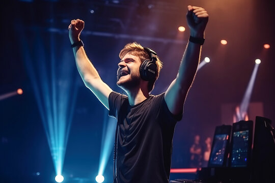 professional gamer player is happy to win the cyber sports games championship in the arena. Generative AI illustration