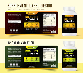 Multi vitamin label sticker design and food supplement sticker banner packaging,
pill bottle jar label can all medical health nutrition tablet product print ready vector modern file with mockup.