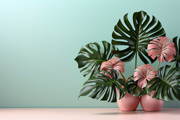 Monstera palm plants in pots with copy space. Generative AI.