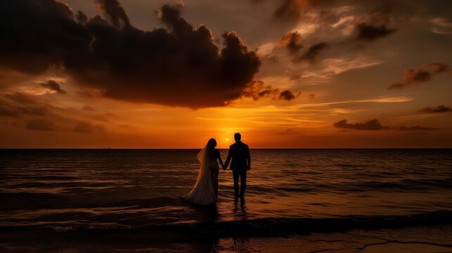 silhouettes of a happy couple in wedding clothes holding hands on the seashore at sunset. Generative AI