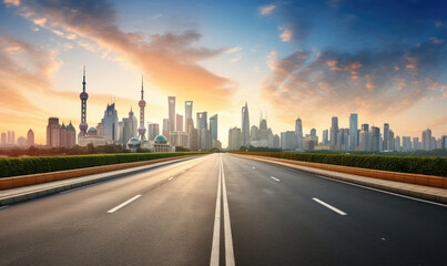 Fototapeta na wymiar Empty asphalt road and city skyline with buildings at sunset in Shanghai.