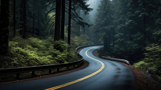 Long Curvy Forest Road In Alpine Mountains