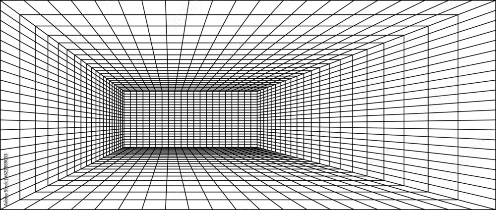 Poster Wireframe grid room. 3d perspective background. Futuristic digital outline space. Black and white geometric design. Vector template illustration. Angle point of view.