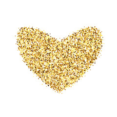 Golden confetti heart shape. Glowing dotted love background. Simple gold dots element. Sparkling halftone valentines decoration. Vector illustration 