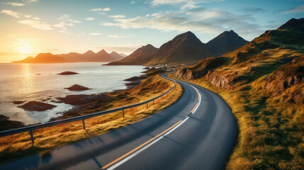 Road by the sea in sunrise time, Lofoten island, Norway
