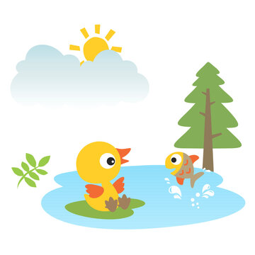 happy duck and fish cute cartoon design vector