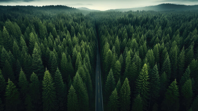 Top view of dark green forest landscape wallpaper art. Aerial nature scene of pine trees and asphalt road banner design. Countryside path trough coniferous wood form above. Adventure travel background
