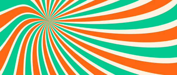 Spinning radial lines background. Orange green curved sunburst wallpaper. Abstract warped sun rays and beams comic texture. Vintage summer backdrop for posters, banners, templates. Vector illustration