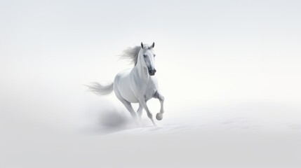 Obraz na płótnie Canvas White horse gallops in an abstract white desert with white fog. AI generation 