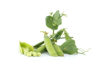 Sweet peas pods with green leaves isolated on white