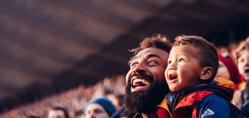 Father and son in stands, filled with enthusiastic supporters rugby team. French rugby 2023....
