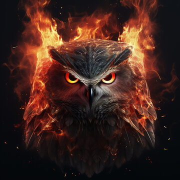 Image of angry an owl face and flames on dark background. Wildlife Animals. Illustration, Generative AI.