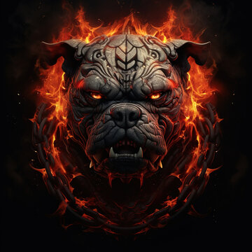 Image of angrya bulldog demon and flames on dark background. Pet. Animals. Illustration, Generative AI.