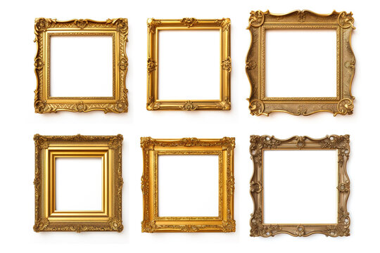 Image of picture gold frames collection on a white background. Illustration, Generative AI.