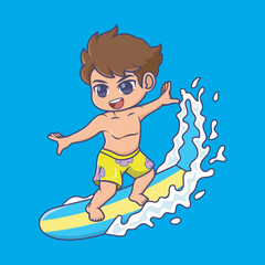 Cute boy surfing cartoon vector icon illustration. sport icon concept isolated