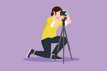 Cartoon flat style drawing beautiful professional woman photographer kneeling for taking pictures with digital camera and tripod. Digital photography hobby for girl. Graphic design vector illustration - obrazy, fototapety, plakaty