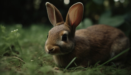Fluffy baby rabbit sitting in green meadow generated by AI
