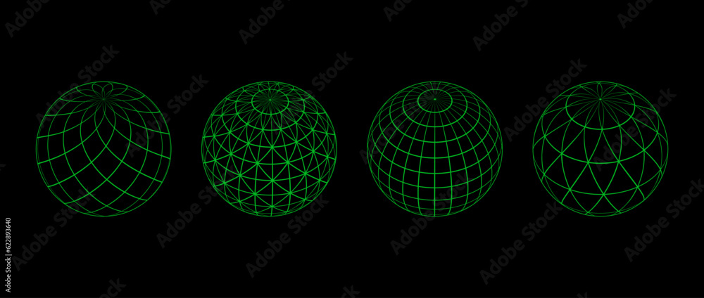 Poster neon green wireframe spheres collection. 3d outline globes with different grid patterns. geometric c