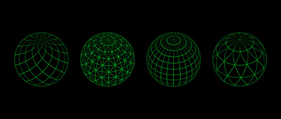 Neon green wireframe spheres collection. 3d outline globes with different grid patterns. Geometric circle elements for design templates, icons, logo. Abstract balls with connected lines. Vector pack