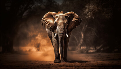 Majestic African elephant standing in tranquil forest generated by AI