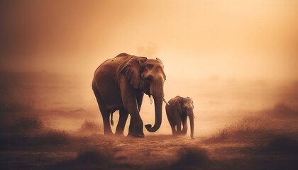 Fototapeta na wymiar African elephant herd grazing in tranquil savannah generated by AI