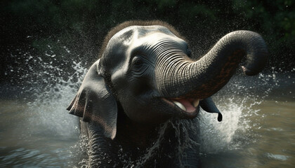 Smiling elephant splashing in wet African shower generated by AI
