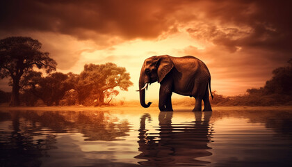 African elephant at dusk, tranquil reflection scene generated by AI