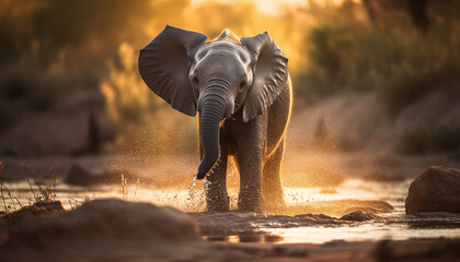 Fototapeta na wymiar African elephant walking in the savannah sunset generated by AI