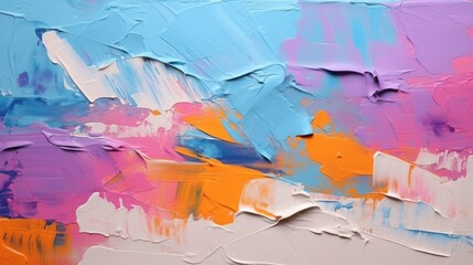 Close-up view of rough abstract art painting with an oil paint brush and pallet knife on canvas