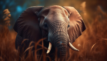 Fototapeta na wymiar African elephant walking in tranquil savannah grass generated by AI