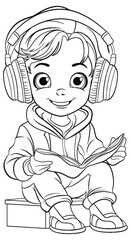 Boy reading a book and wearing headset doodle outline
