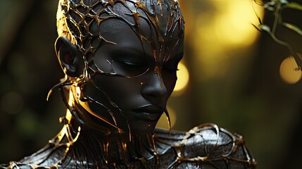 Beautiful alien woman. Abstract goddess. Rising from the ashes. Flames and flowers model. Portrait of the shimmer.