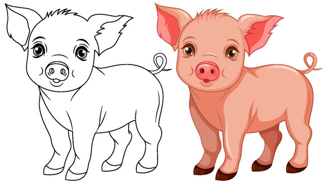 Cute pig cartoon isolated doodle outline