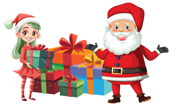 Santa claus and cute elf delivery gift box