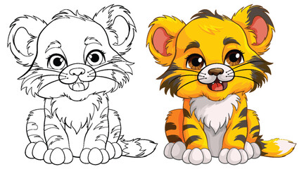Cute Baby Tiger Cartoon Character Outline for Colouring