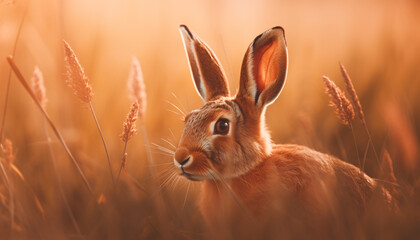 Obraz premium Fluffy rabbit sits in meadow at sunrise generated by AI