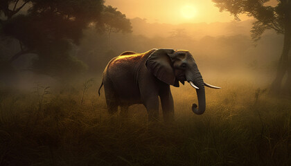 Fototapeta na wymiar African elephant walking through tranquil tropical forest generated by AI
