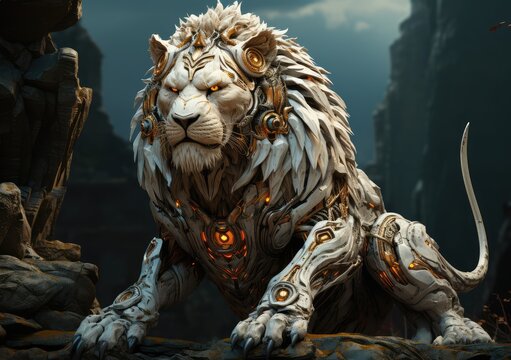 Ai Lion Cyborg in the style of baroque sci-fi.