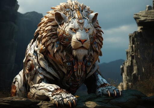 Ai Lion Cyborg in the style of baroque sci-fi.