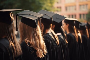 Obraz premium Graduates standing outdoor with graduation hats. Generative ai