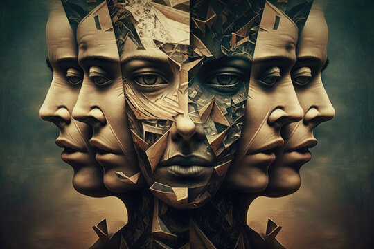A surreal depiction of a person with multiple faces or body parts, symbolizing the complexity and multifaceted nature of human, generative AI