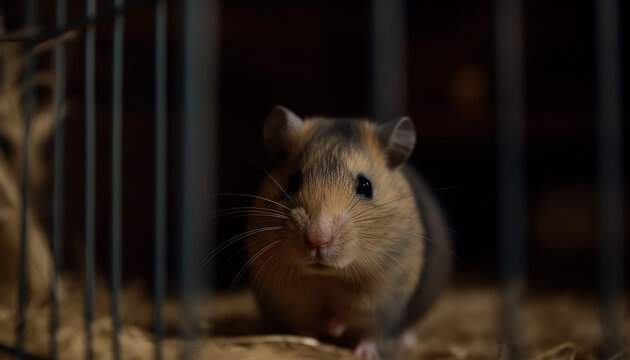 Fluffy rodent sitting in cage, looking cute generated by AI