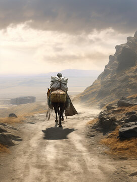 A person riding horse on desert from back side